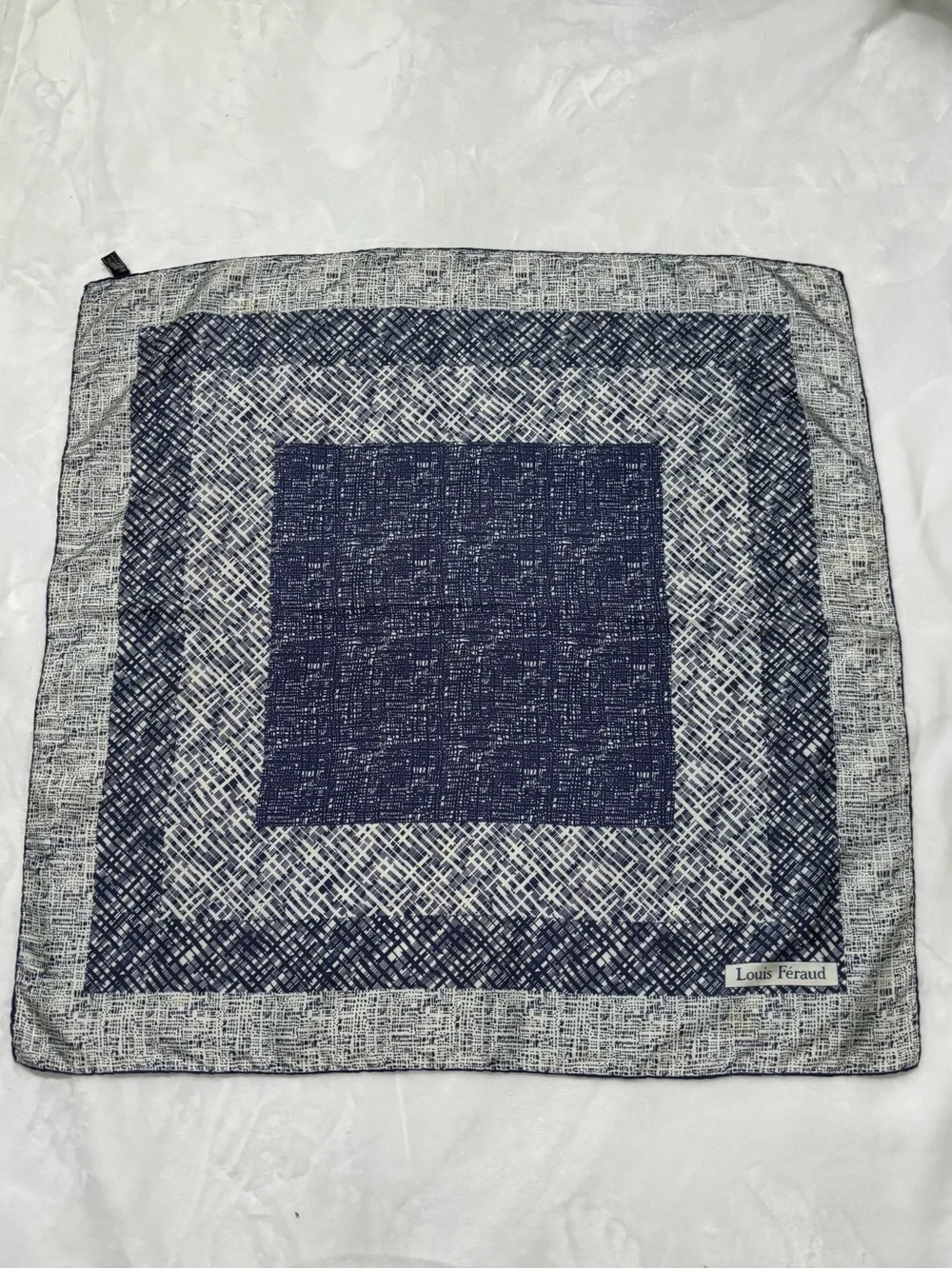 LOUIS FERAUD Vintage Pure Silk Navy and Gray Geometric Square Scarf